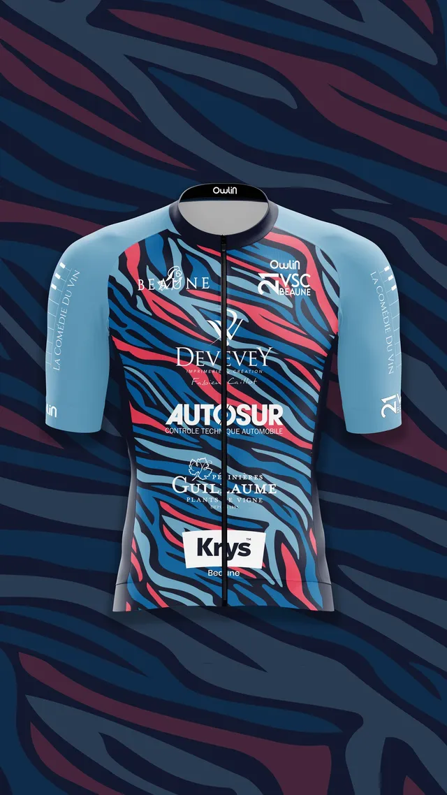 Maquette de maillot personnalisé VSC Beaune : motifs bleus, roses et logos partenaires