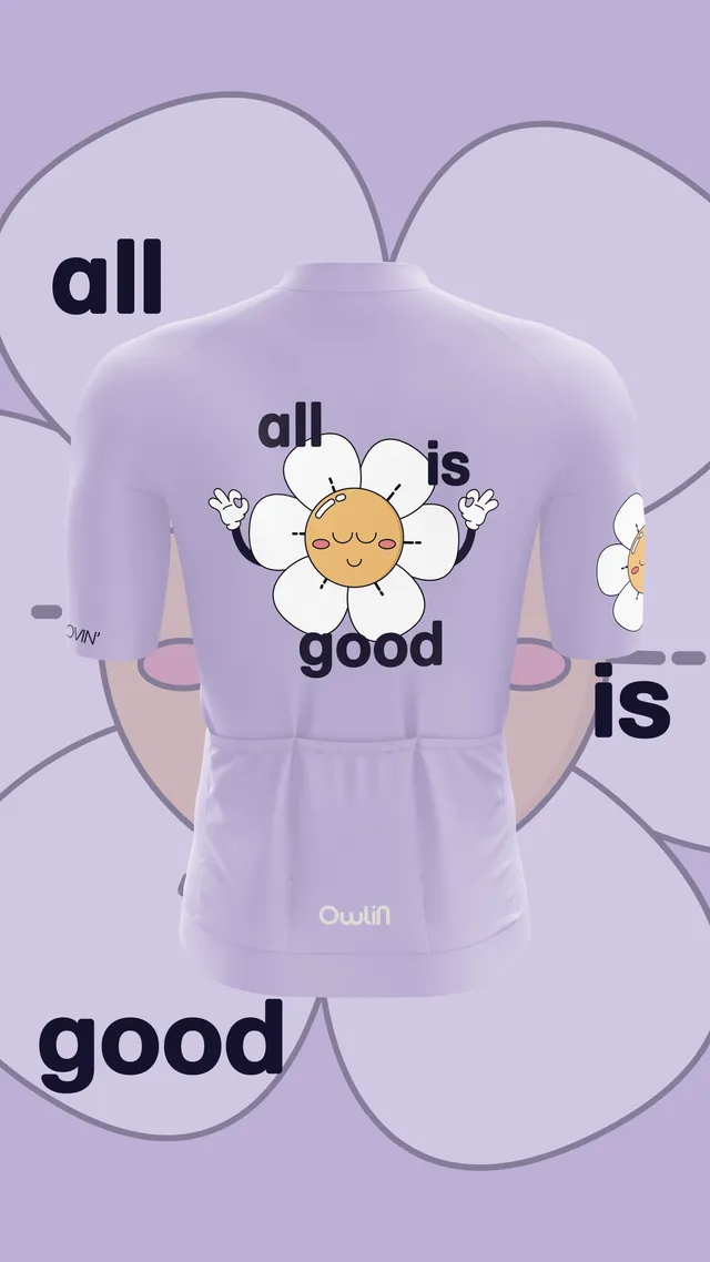Maquette de maillot violet Owlin Custom, motif floral All is good au dos